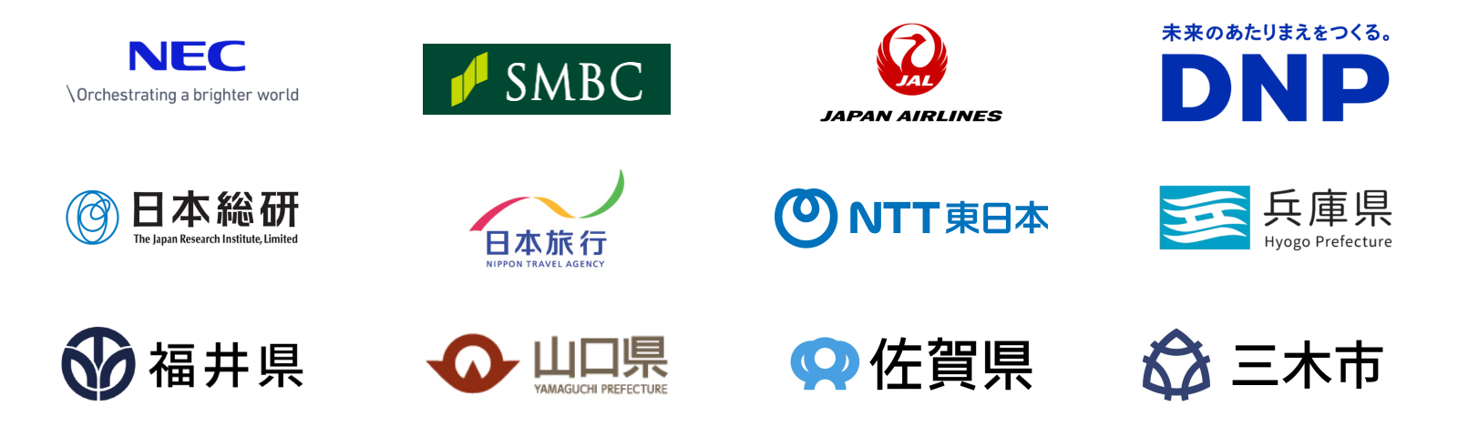 連携先のロゴ：日本電気（NEC）、三井住友銀行（SMBC）、日本航空（JAL）、DNP、日本総合研究所、日本旅行、NTT東日本、兵庫県、福井県、山口県、佐賀県、三木市